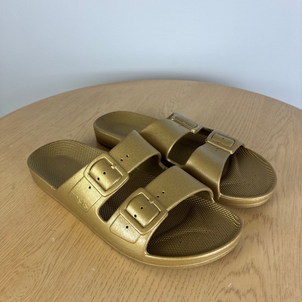 Freedom Moses Gold Metallic Double Strap Slide Sandals Women's 39 40 US 8-9
